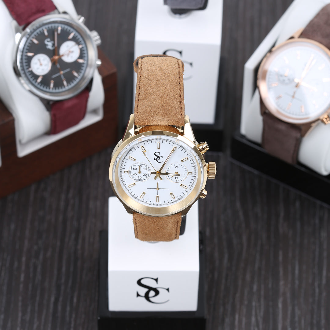 SC klokke i semsket skinn - Light Brown/Gold