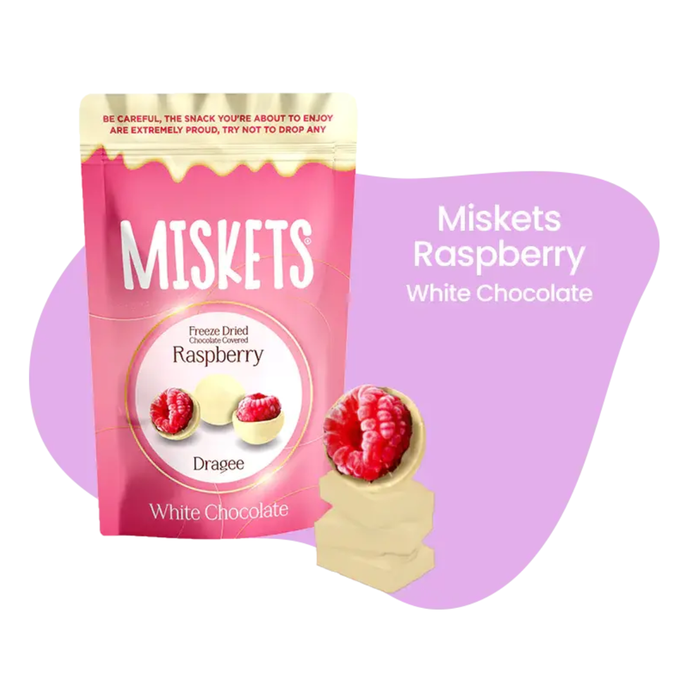 Candy Raspberry 80g MISKETS WHITE CHOCOLATE COVERED FREEZE-DRIED RASPBERRY 80g – Trendit.no